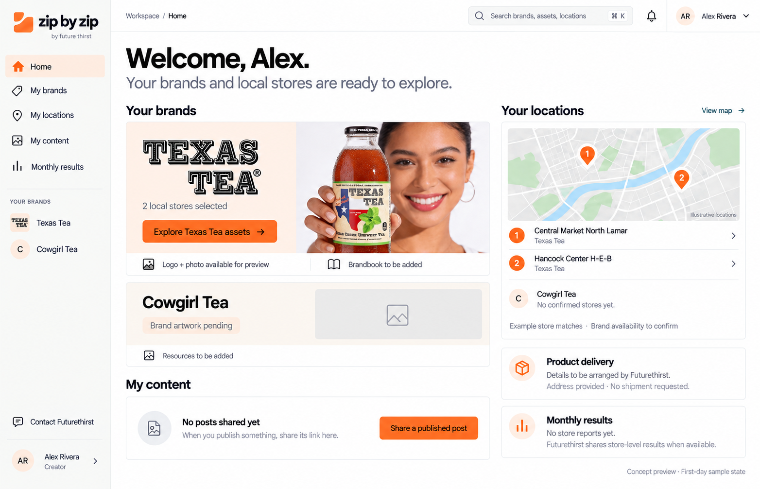 First-day creator dashboard concept with Texas Tea, Cowgirl Tea, local stores, and empty content and results states
