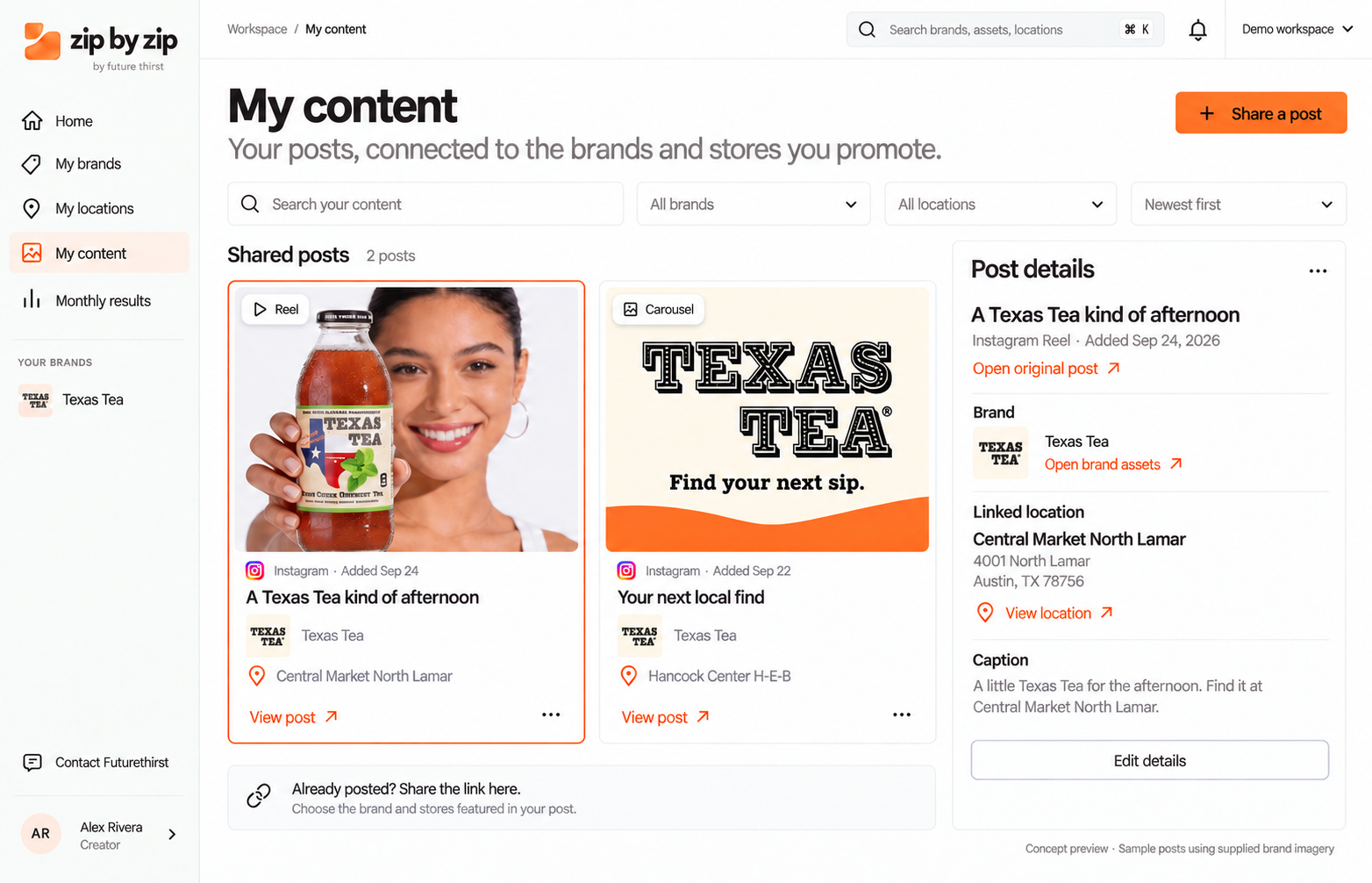 My Content concept showing a place for creator posts and brand assets